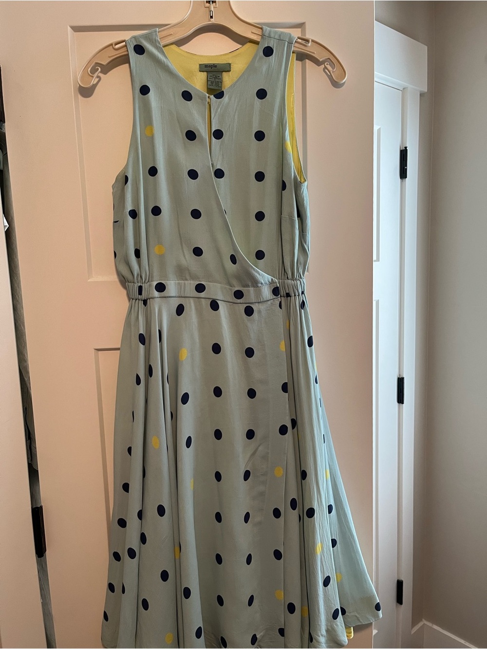 Maple Sleeveless Polka Dot Midi Dress in Light Blue with Navy & Yellow Dots